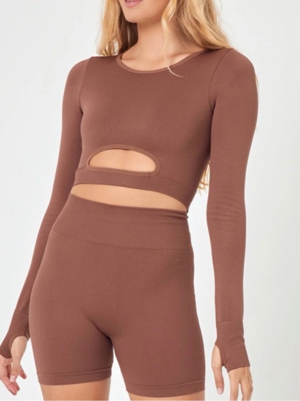 L Space Women’s Brown Long-Sleeve Cropped Cutout Workout